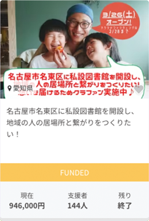 名古屋市名東区に私設図書館を開設し、地域の人の居場所と繋がりをつくりたい！